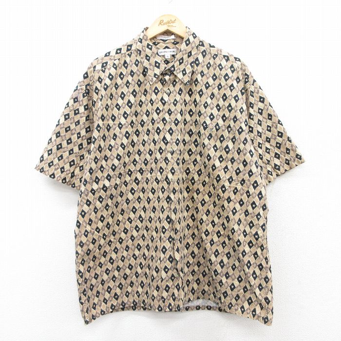 XL★古着 ピエールカルダン pierre cardin 半袖 シャツ メンズ 90年代 90s 総柄 大きいサイズ コットン ベージュ他 カーキ 25jun16 中古 トップス
