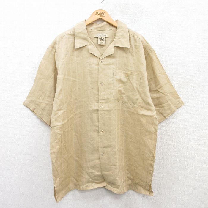 XL★古着 半袖 シャツ メンズ ロング丈 リネン 開襟 オープンカラー ベージュ カーキ ストライプ 25jun16 中古 トップス