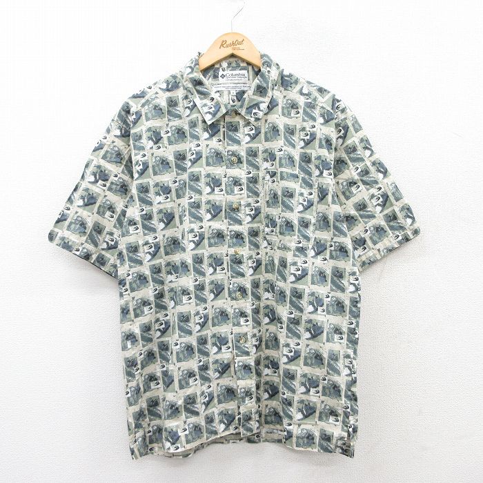 L★古着 コロンビア COLUMBIA 半袖 シャツ メンズ 00年代 00s 総柄 コットン ベージュ系他 カーキ 25jun16 中古 トップス