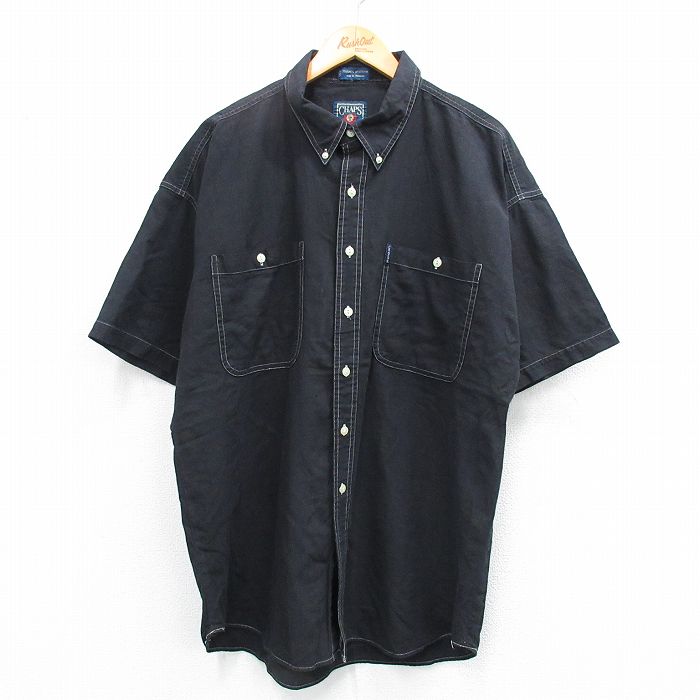 XL★古着 ラルフローレン Ralph Lauren チャップス 半袖 ブランド シャツ メンズ 80年代 80s 大きいサイズ ロング丈 リネン ボタンダウン 黒 ブラック ストライプ 25jun16 中古 トップス