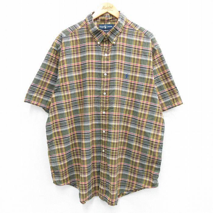 XL★古着 ラルフローレン Ralph Lauren 半袖 ブランド シャツ メンズ 00年代 00s ワンポイントロゴ 大きいサイズ ロング丈 コットン ボタンダウン 黄色系他 イエロー チェック 25jun16 中古 トップス