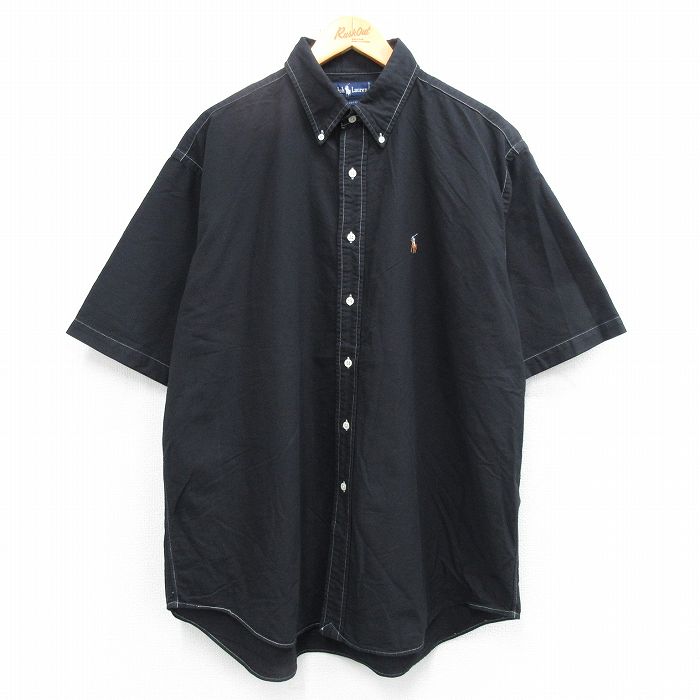 XL★古着 ラルフローレン Ralph Lauren 半袖 ブランド シャツ メンズ 90年代 90s ワンポイントロゴ オックスフォード 大きいサイズ コットン ボタンダウン 黒 ブラック 【spe】 25jun16 中古 トップス