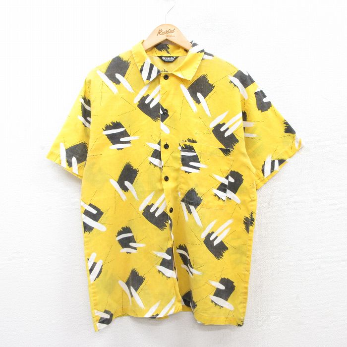 L★古着 半袖 シャツ メンズ 80年代 80s 総柄 USA製 黄 イエロー 25jun16 中古 トップス