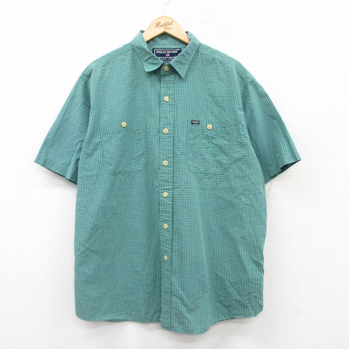 XL★古着 ラルフローレン Ralph Lauren ポロスポーツ 半袖 ブランド シャツ メンズ 大きいサイズ コットン 緑他 グリーン チェック 【spe】 25jun16 中古 トップス