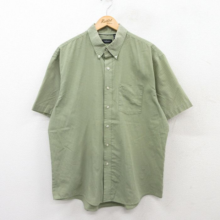 XL★古着 バンヒューセン 半袖 シャツ メンズ ボタンダウン 薄緑他 グリーン チェック 25jun16 中古 トップス