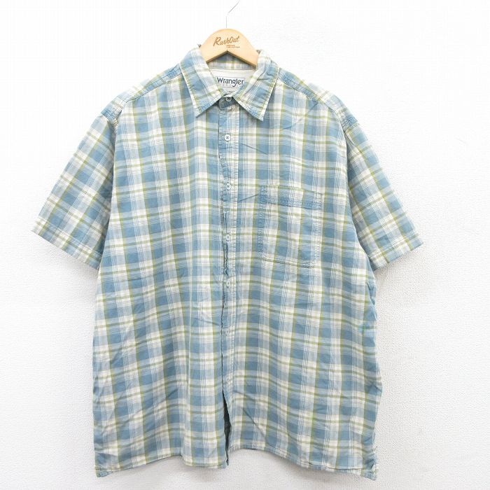 XL★古着 ラングラー Wrangler 半袖 シャツ メンズ 大きいサイズ コットン 薄紺他 ネイビー チェック 25jun16 中古 トップス
