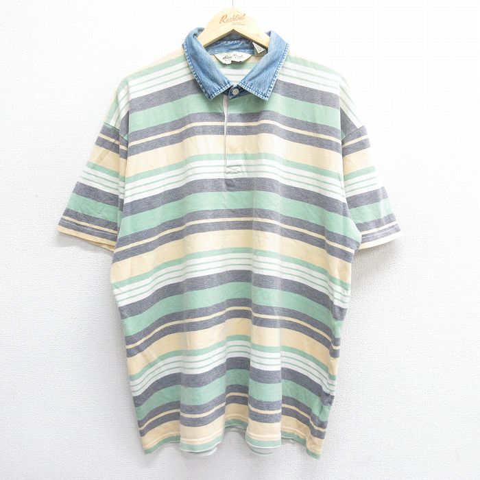 XL★古着 エディーバウアー 半袖 ラガー シャツ メンズ 00年代 00s 襟デニム 鹿の子 大きいサイズ コットン 薄黄他 イエロー ボーダー 【spe】 25jun16 中古 トップス