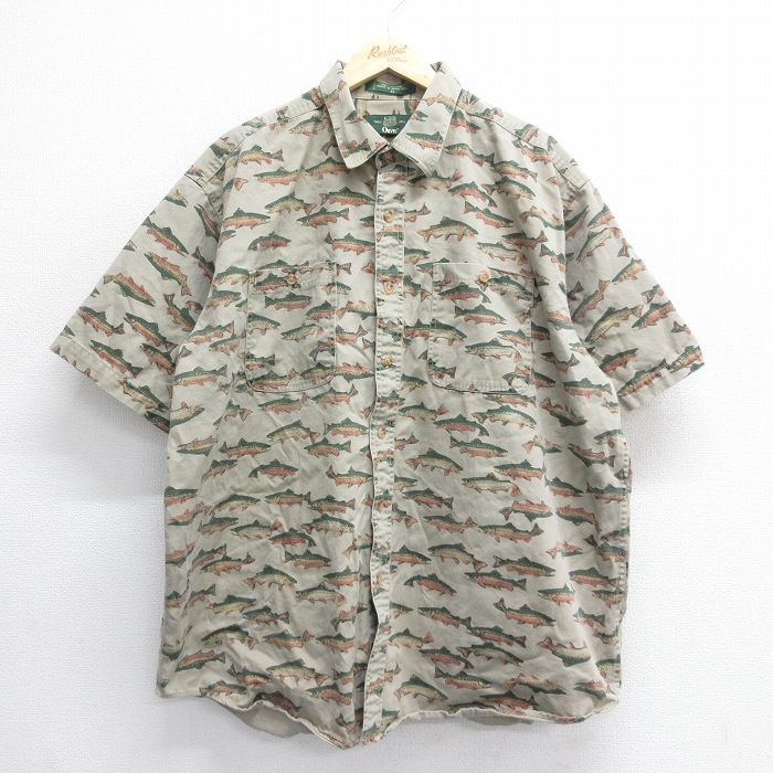 XL★古着 オービス ORVIS 半袖 シャツ メンズ 90年代 90s 魚 大きいサイズ ロング丈 コットン ベージュ カーキ 【spe】 25jun16 中古 トップス