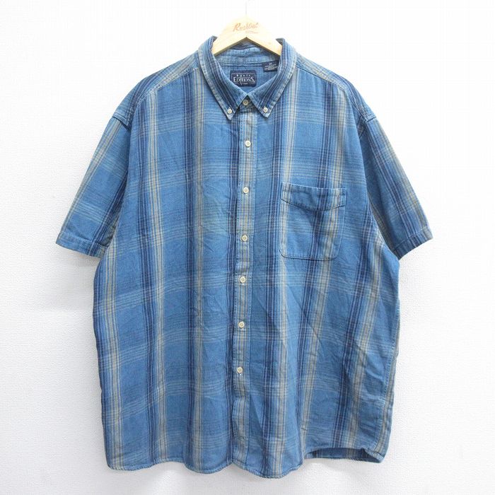 XL★古着 ベーシックエディションズ 半袖 シャツ メンズ 00年代 00s 大きいサイズ ロング丈 コットン ボタンダウン 紺他 ネイビー チェック 25jun16 中古 トップス