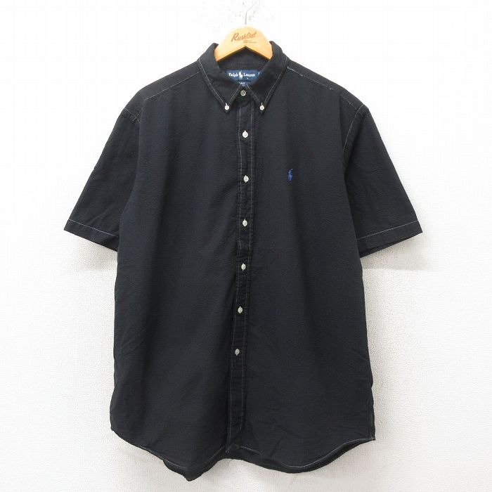 XL★古着 ラルフローレン Ralph Lauren 半袖 ブランド シャツ メンズ 90年代 90s ワンポイントロゴ BLAKE シアサッカー 大きいサイズ ボタンダウン 黒 ブラック 25jun16 中古 トップス