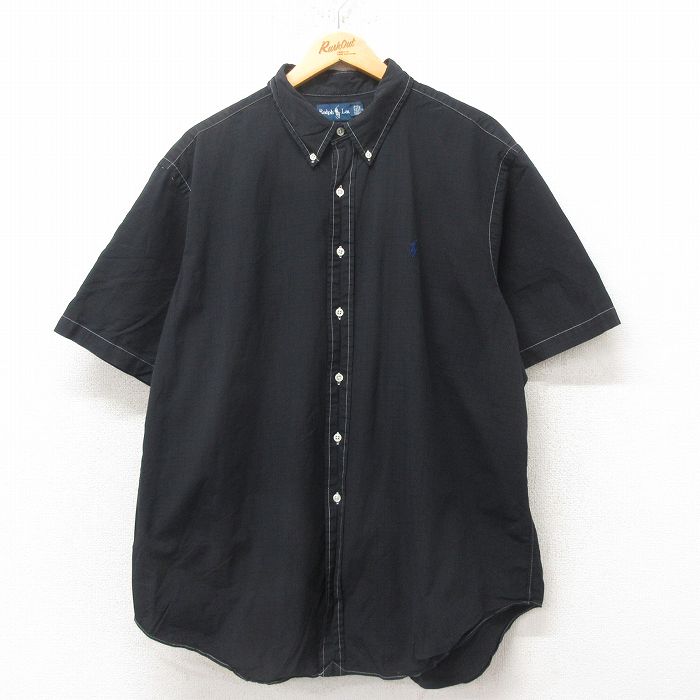 XL★古着 ラルフローレン Ralph Lauren 半袖 ブランド シャツ メンズ 90年代 90s ワンポイントロゴ 大きいサイズ コットン ボタンダウン 黒 ブラック 25jun16 中古 トップス