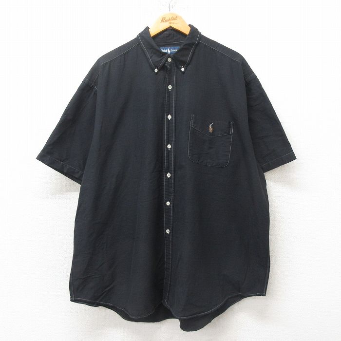 XL★古着 ラルフローレン Ralph Lauren 半袖 ブランド シャツ メンズ 90年代 90s ワンポイントロゴ 大きいサイズ ボタンダウン 黒 ブラック 25jun16 中古 トップス