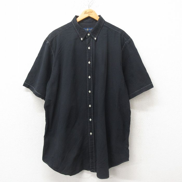 XL★古着 ラルフローレン Ralph Lauren 半袖 ブランド シャツ メンズ ワンポイントロゴ シアサッカー コットン ボタンダウン 黒 ブラック 25jun16 中古 トップス