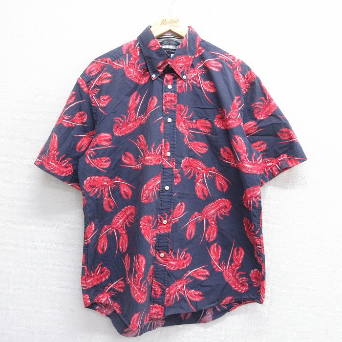 XL★古着 トミーヒルフィガー TOMMY HILFIGER 半袖 ブランド シャツ メンズ ワンポイントロゴ ロブスター コットン ボタンダウン 紺他 ネイビー 25jun17 中古 トップス