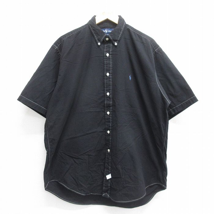 XL★古着 ラルフローレン Ralph Lauren 半袖 ブランド シャツ メンズ 90年代 90s ワンポイントロゴ 大きいサイズ コットン ボタンダウン 黒 ブラック 25jun17 中古 トップス