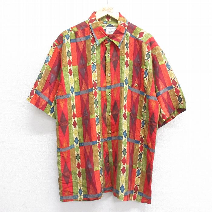 【50%OFF】XL★古着 半袖 シャツ メンズ 00年代 00s 総柄 ロング丈 シルク 赤他 レッド 25jun17 中古 トップス