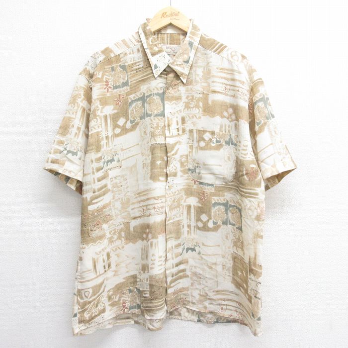 XL★古着 半袖 シャツ メンズ 00年代 00s 総柄 大きいサイズ ボタンダウン ベージュ他 カーキ 25jun17 中古 トップス