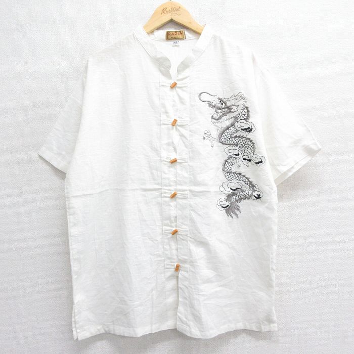 XL★古着 半袖 シャツ メンズ 龍 ッ刺繍 ノーカラー 白 ホワイト 25jun17 中古 トップス