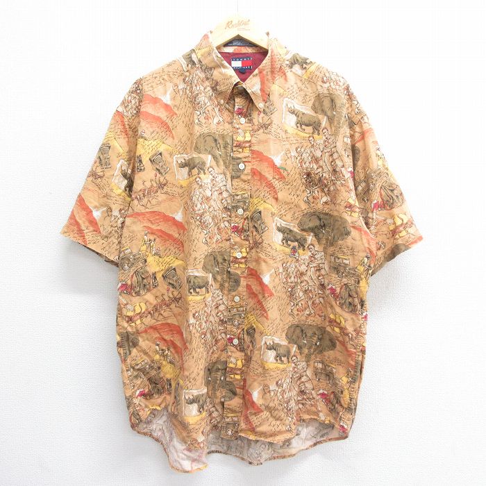 【50%OFF】XL★古着 トミーヒルフィガー TOMMY HILFIGER 半袖 ブランド シャツ メンズ 90年代 90s ワンポイントロゴ サイ ゾウ 大きいサイズ ロング丈 リネン ボタンダウン 茶他 ブラウン 【spe】 25jun17 中古 トップス