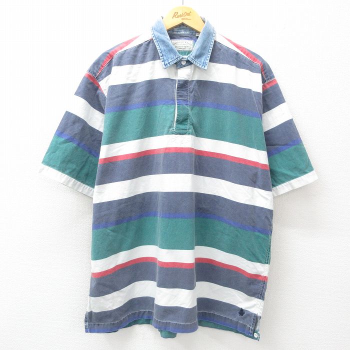 【20%OFF】XL★古着 アメリカンイーグル American Eagle 半袖 ラガー シャツ メンズ 90年代 90s 襟デニム 大きいサイズ コットン 緑他 グリーン ボーダー 【spe】 25jun19 中古 トップス