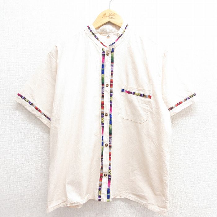 L★古着 半袖 シャツ メンズ ノーカラー 生成り 25jun17 中古 トップス