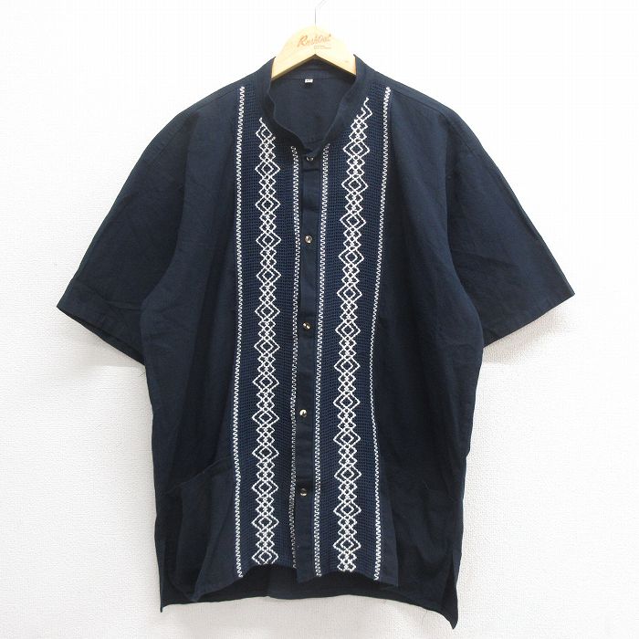 XL★古着 半袖 シャツ メンズ 大きいサイズ ノーカラー 紺他 ネイビー 25jun17 中古 トップス