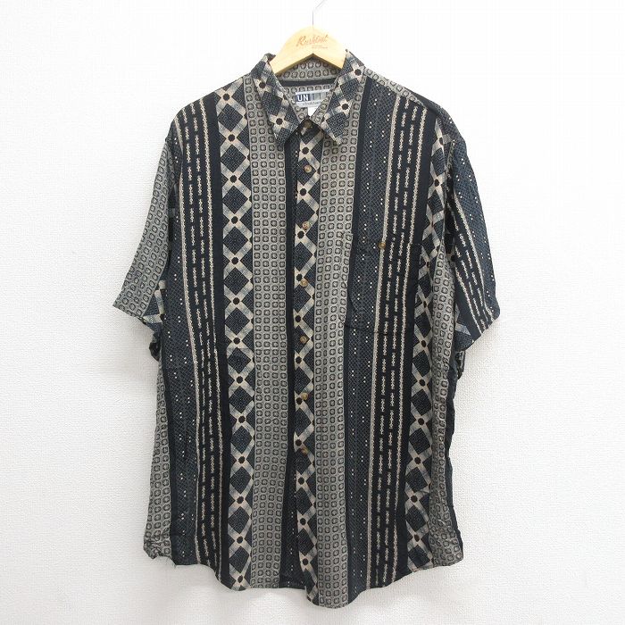 XL★古着 半袖 シャツ メンズ 00年代 00s ロング丈 レーヨン 黒他 ブラック 25jun17 中古 トップス