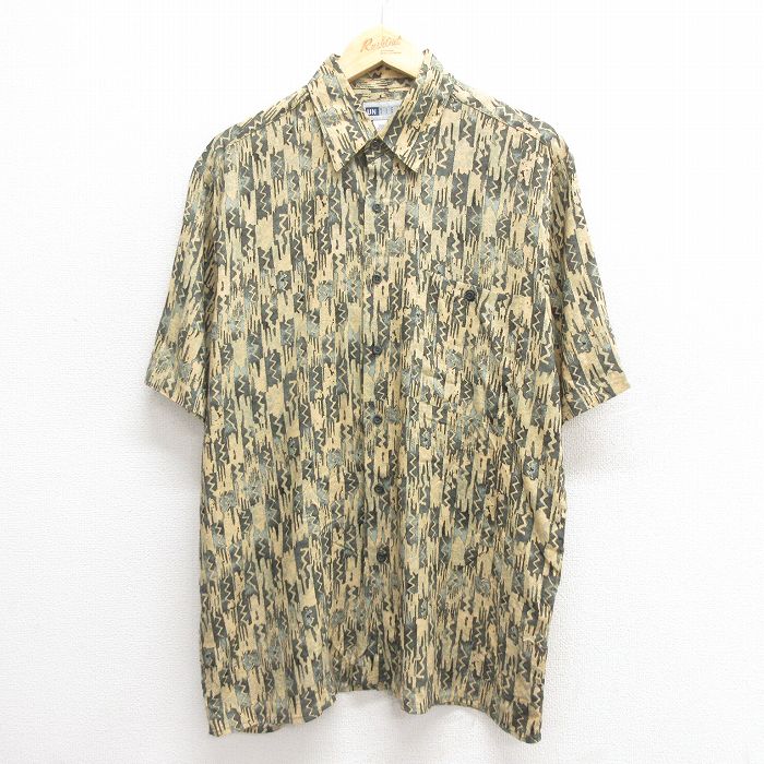 【50%OFF】L★古着 半袖 シャツ メンズ 00年代 00s　レーヨン ベージュ他 カーキ 25jun17 中古 トップス