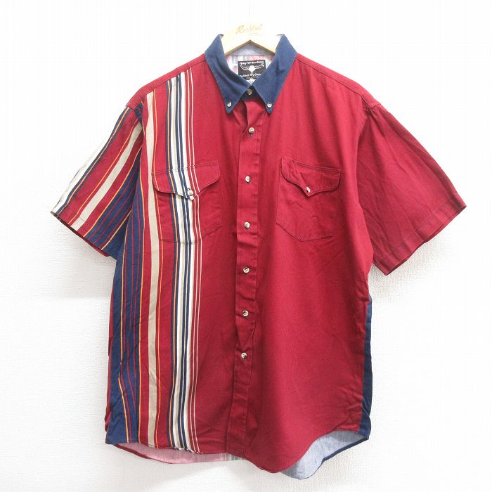 【50%OFF】XL★古着 半袖 ウエスタン シャツ メンズ 90年代 90s コットン ボタンダウン USA製 エンジ他 25jun17 中古 トップス