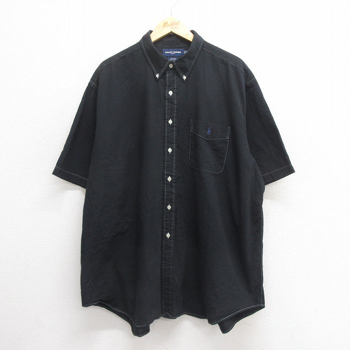XL★古着 ラルフローレン Ralph Lauren ゴルフ 半袖 ブランド シャツ メンズ 90年代 90s ワンポイントロゴ TILDEN シアサッカー 大きいサイズ ロング丈 コットン 黒 ブラック 【spe】 25jun17 中古 トップス