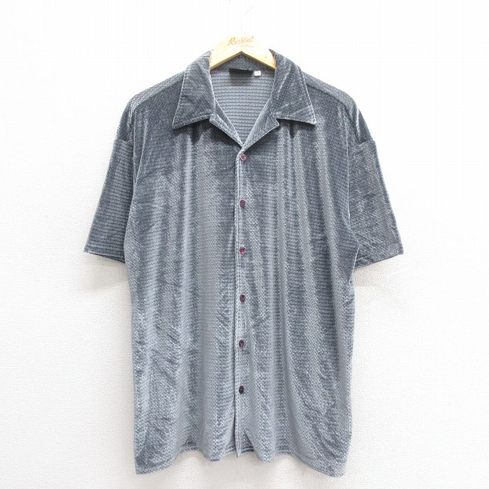 XL★古着 半袖 シャツ メンズ 90年代 90s ベロア地 メッシュ地 開襟 オープンカラー グレー 25jun17 中古 トップス