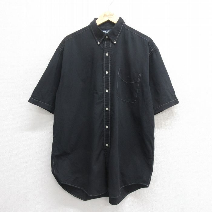 XL★古着 ラルフローレン Ralph Lauren ゴルフ 半袖 ブランド シャツ メンズ 90年代 90s ワンポイントロゴ TILDEN シアサッカー 大きいサイズ ロング丈 コットン ボタンダウン 黒 ブラック 25jun17 中古 トップス