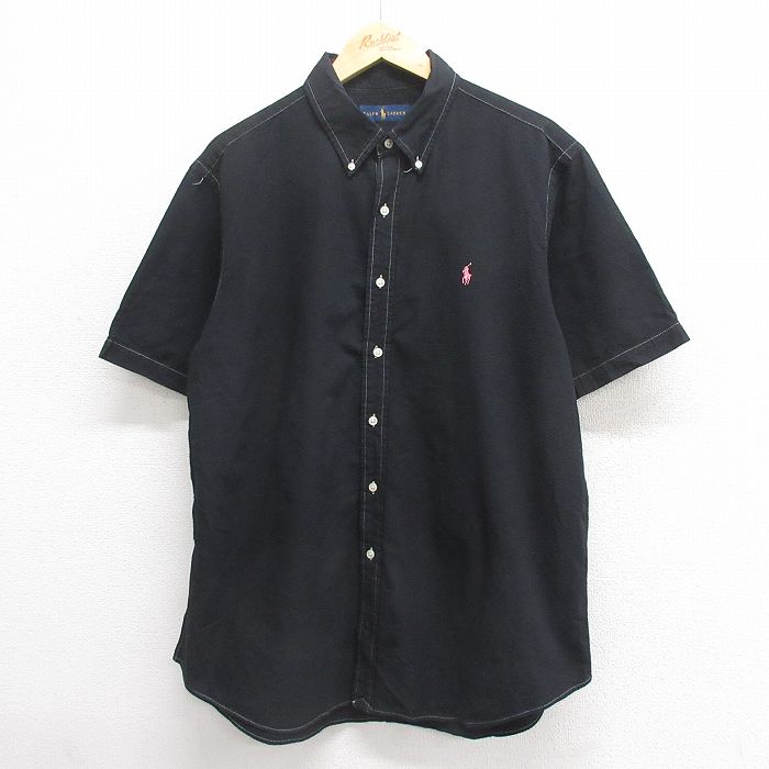 XL★古着 ラルフローレン Ralph Lauren 半袖 ブランド シャツ メンズ ワンポイントロゴ シアサッカー コットン ボタンダウン 黒 ブラック 25jun17 中古 トップス