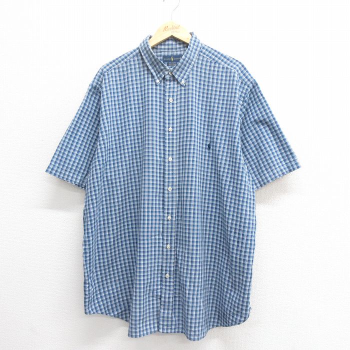 XL★古着 ラルフローレン Ralph Lauren 半袖 ブランド シャツ メンズ ワンポイントロゴ オックスフォード 大きいサイズ ロング丈 コットン ボタンダウン 紺 ネイビー チェック 25jun17 中古 トップス
