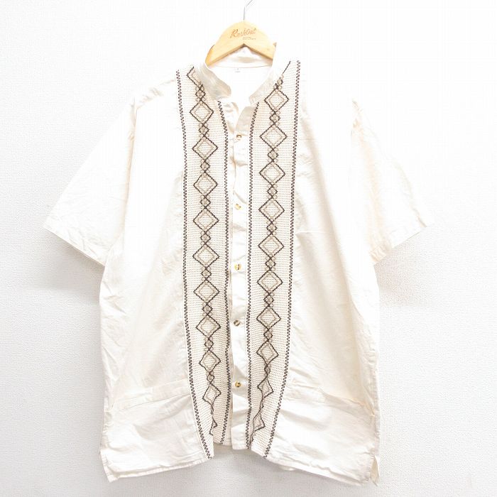 XL★古着 半袖 シャツ メンズ スタンドカラー 大きいサイズ 生成り 25jun17 中古 トップス