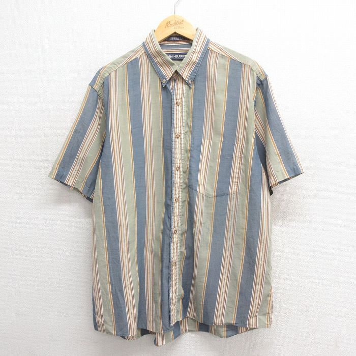 XL★古着 バンヒューセン 半袖 シャツ メンズ 90年代 90s ボタンダウン 緑他 グリーン ストライプ 25jun17 中古 トップス