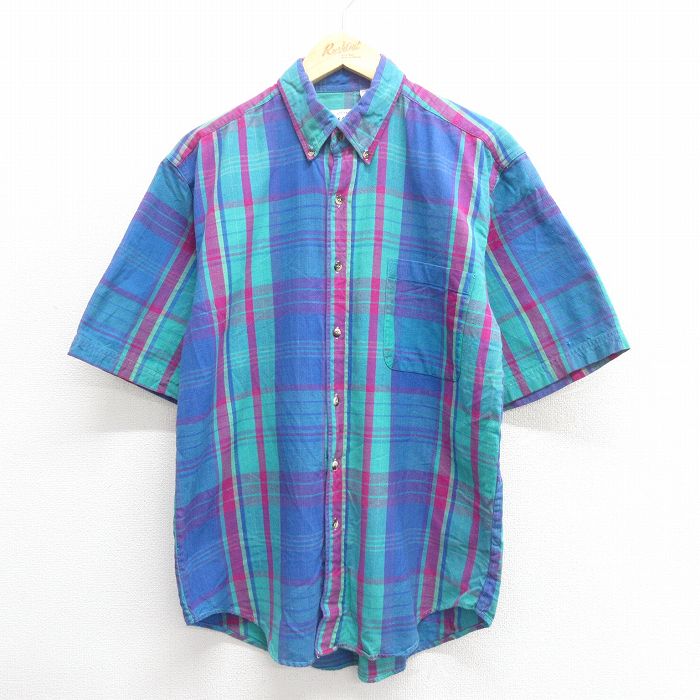 L★古着 バンヒューセン 半袖 シャツ メンズ 90年代 90s コットン ボタンダウン 青他 ブルー チェック 25jun17 中古 トップス