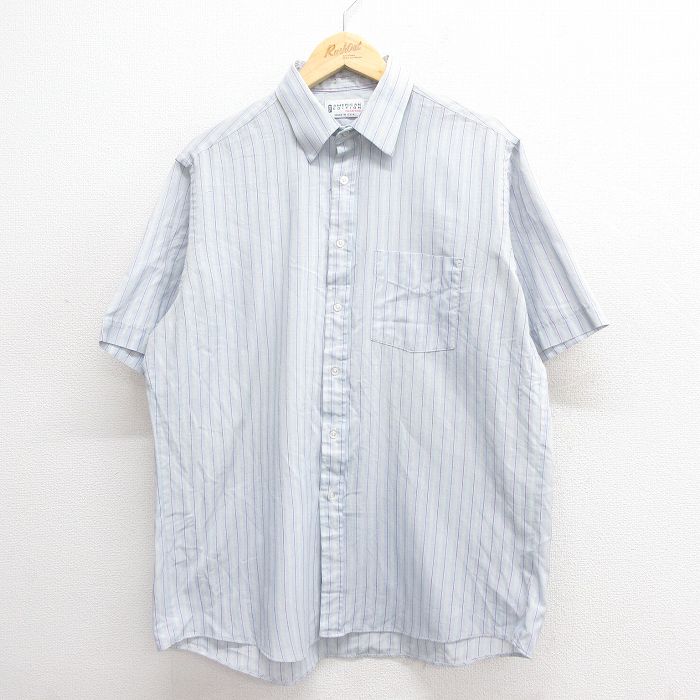 XL★古着 半袖 シャツ メンズ 80年代 80s USA製 薄紺他 ネイビー ストライプ 25jun18 中古 トップス
