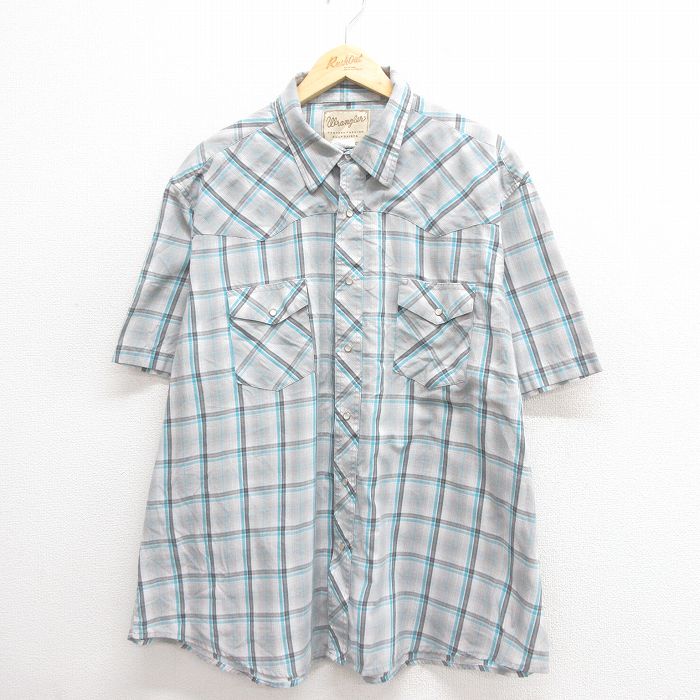 XL★古着 ラングラー Wrangler 半袖 ウエスタン シャツ メンズ 大きいサイズ グレー チェック 25jun18 中古 トップス