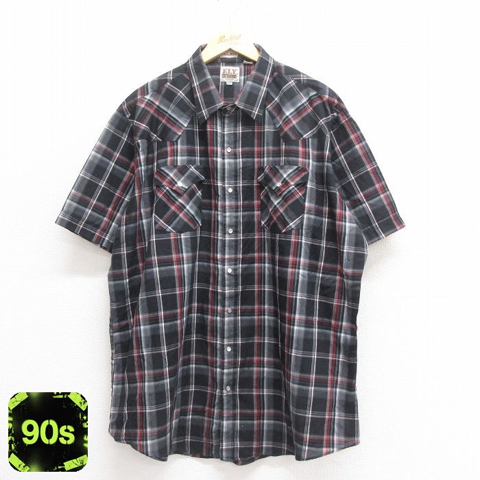 【50%OFF】ELY 90s 半袖ウエスタンシャツ チェック ブラック XL | 古着