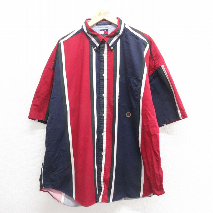 XL★古着 トミーヒルフィガー TOMMY HILFIGER 半袖 ブランド シャツ メンズ 90年代 90s ワンポイントロゴ 大きいサイズ ロング丈 コットン ボタンダウン 赤他 レッド ストライプ 25jun18 中古 トップス