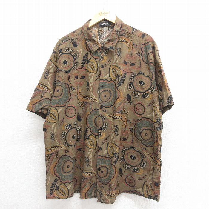 XL★古着 半袖 シャツ メンズ 花柄 大きいサイズ 茶 ブラウン 25jun18 中古 トップス