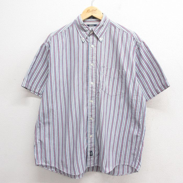 XL★古着 ドッカーズ 半袖 シャツ メンズ 90年代 90s コットン ボタンダウン 薄紺他 ネイビー ストライプ 25jun18 中古 トップス