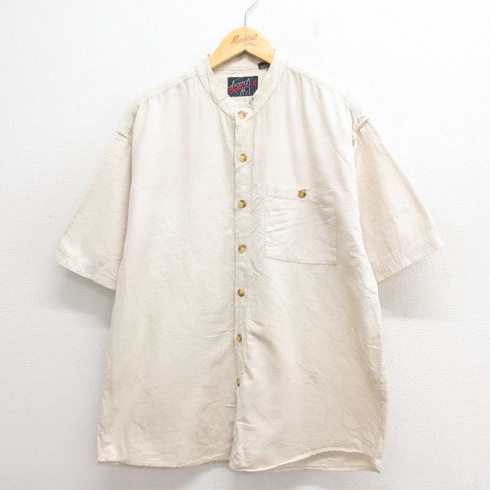 XL★古着 半袖 シャツ メンズ 00年代 00s ノーカラー コットン 生成り 25jun18 中古 トップス