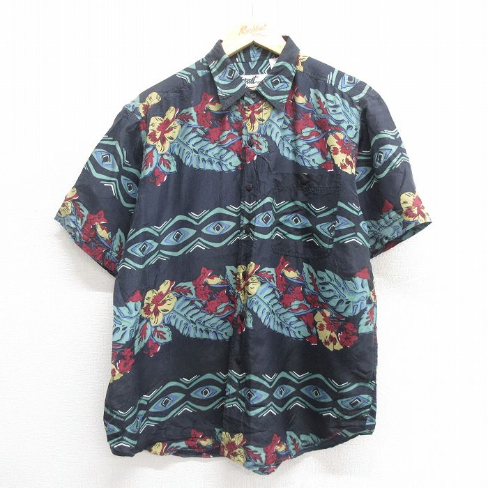 L★古着 半袖 シャツ メンズ 00年代 00s 花柄 シルク 黒 ブラック 25jun18 中古 トップス