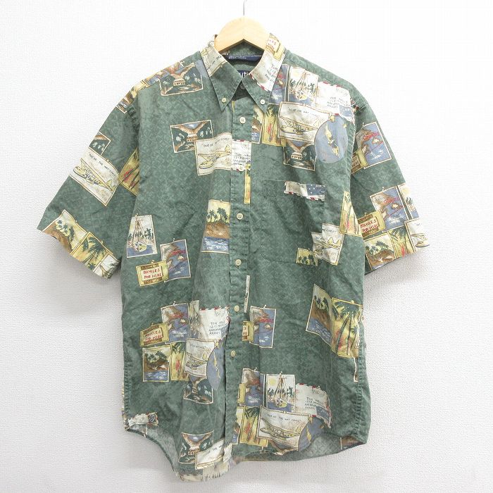 【50%OFF】XL★古着 ノーティカ NAUTICA 半袖 ブランド シャツ メンズ 90年代 90s 飛行機 コットン ボタンダウン 緑 グリーン 【spe】 25jun18 中古 トップス