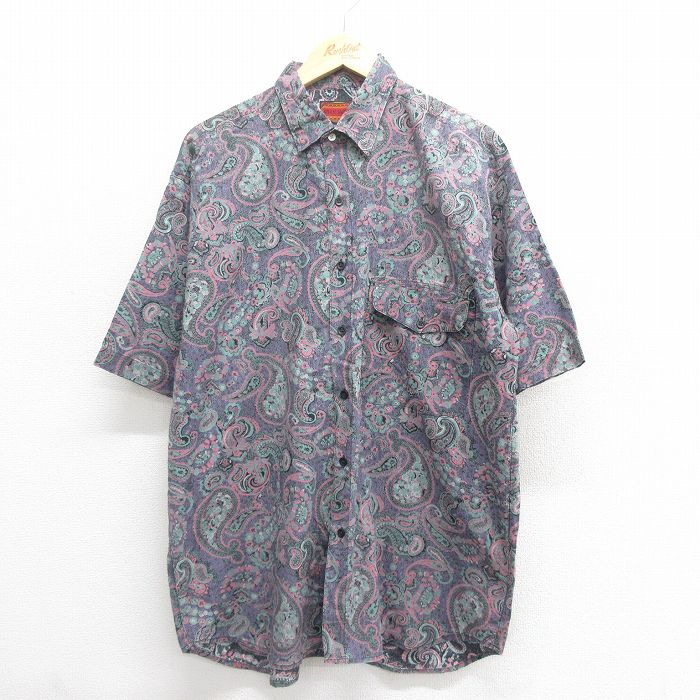 【20%OFF】L★古着 半袖 シャツ メンズ 花柄 コットン 紫他 パープル 25jun18 中古 トップス