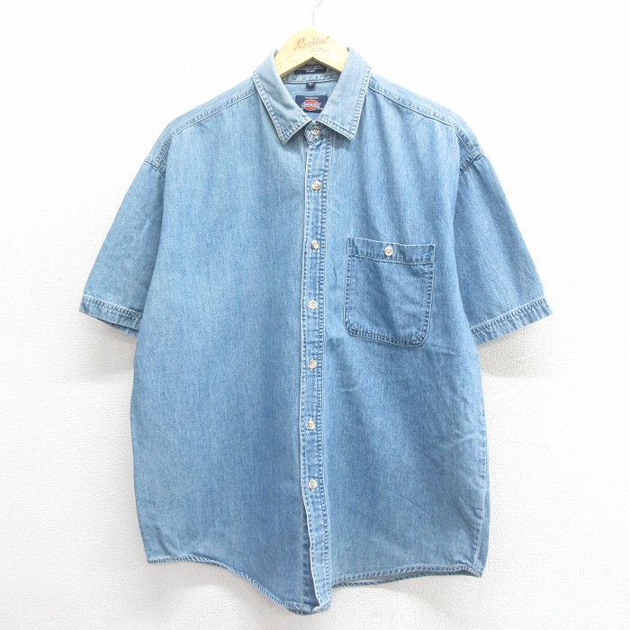 XL★古着 ディッキーズ Dickies 半袖 シャツ メンズ コットン 薄紺 ネイビー デニム 25jun18 中古 トップス