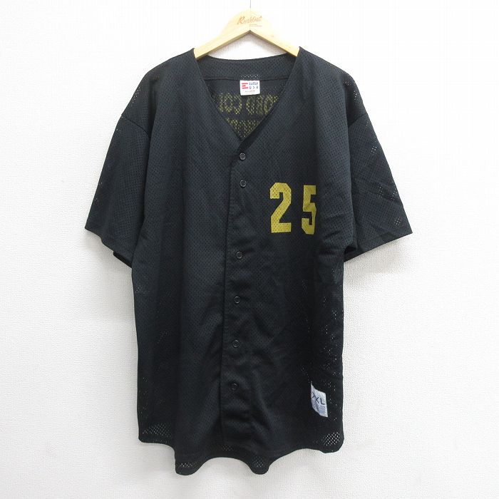 XL★古着 半袖 ベースボール シャツ メンズ 90年代 90s 25 ロング丈 メッシュ地 USA製 黒 ブラック 25jun18 中古 トップス