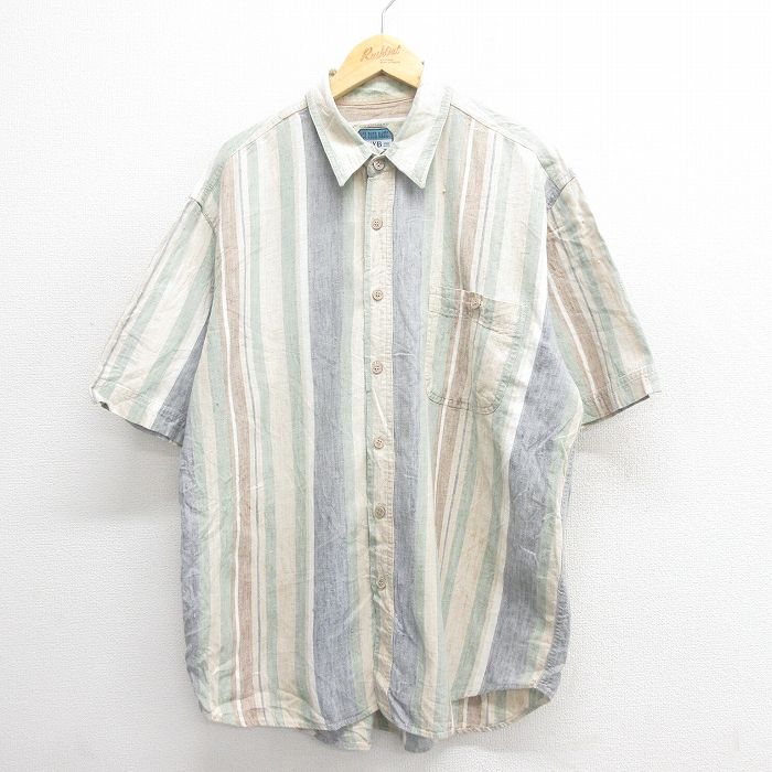 XL★古着 半袖 シャツ メンズ 00年代 00s リネン 生成りストライプ 25jun18 中古 トップス